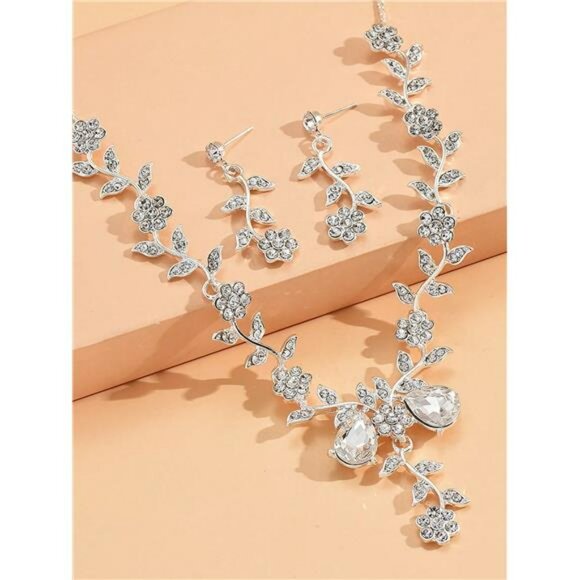 Silver Crystal Rhinestone Necklace Earrings Set Set Bridal Party Dress Jewelry - Picture 3 of 3
